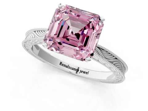 White gold Fancy Pink Asscher Cut Solitaire Milgrain Engraved Band with Four-Prong Setting_13
