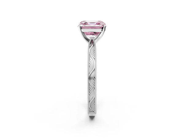 Platinum Asscher Cut Solitaire Engagement Ring Setting for Fancy Pink Center with Engraved Band