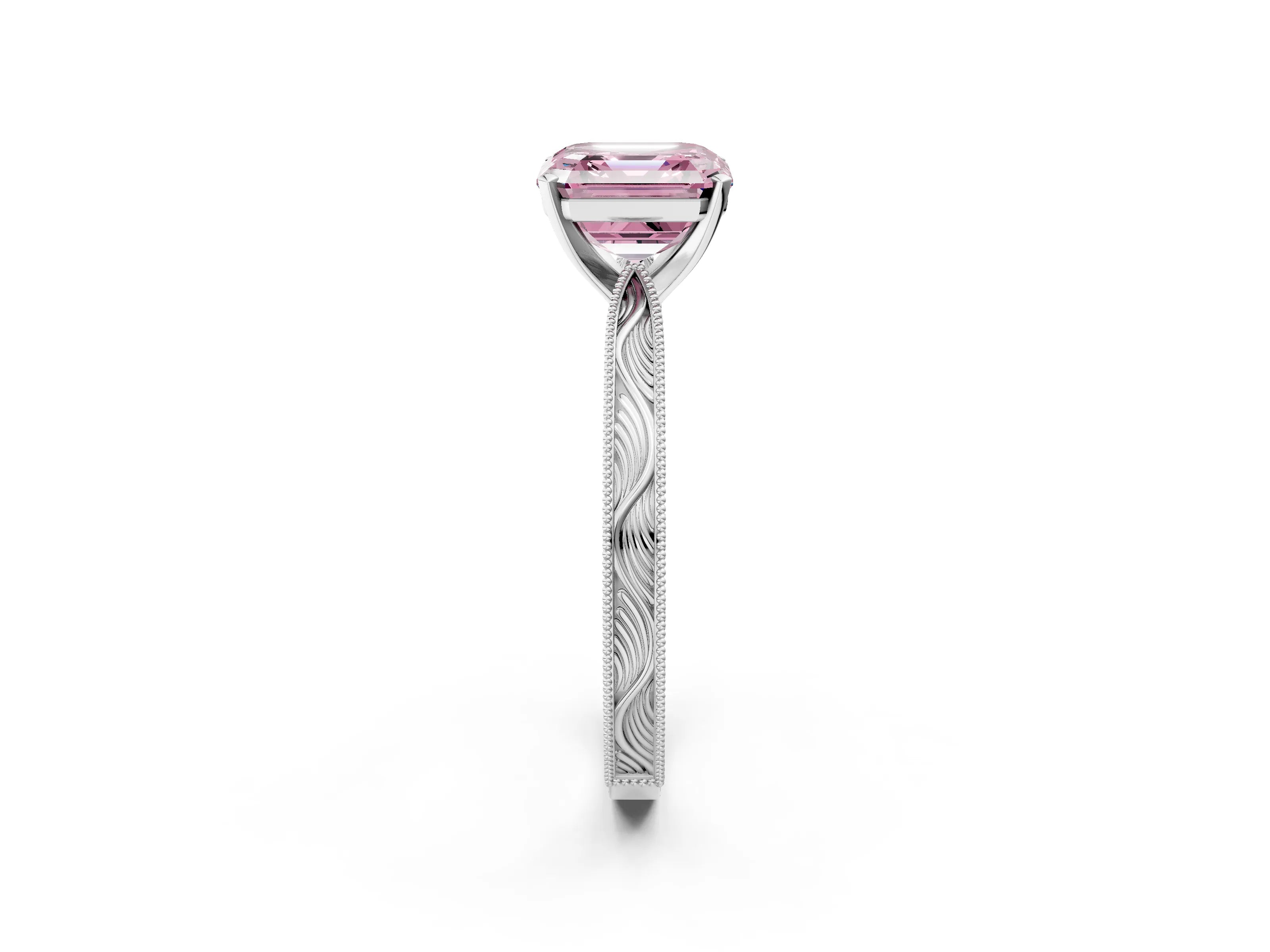 White gold Fancy Pink Asscher Cut Solitaire Milgrain Engraved Band with Four-Prong Setting_14