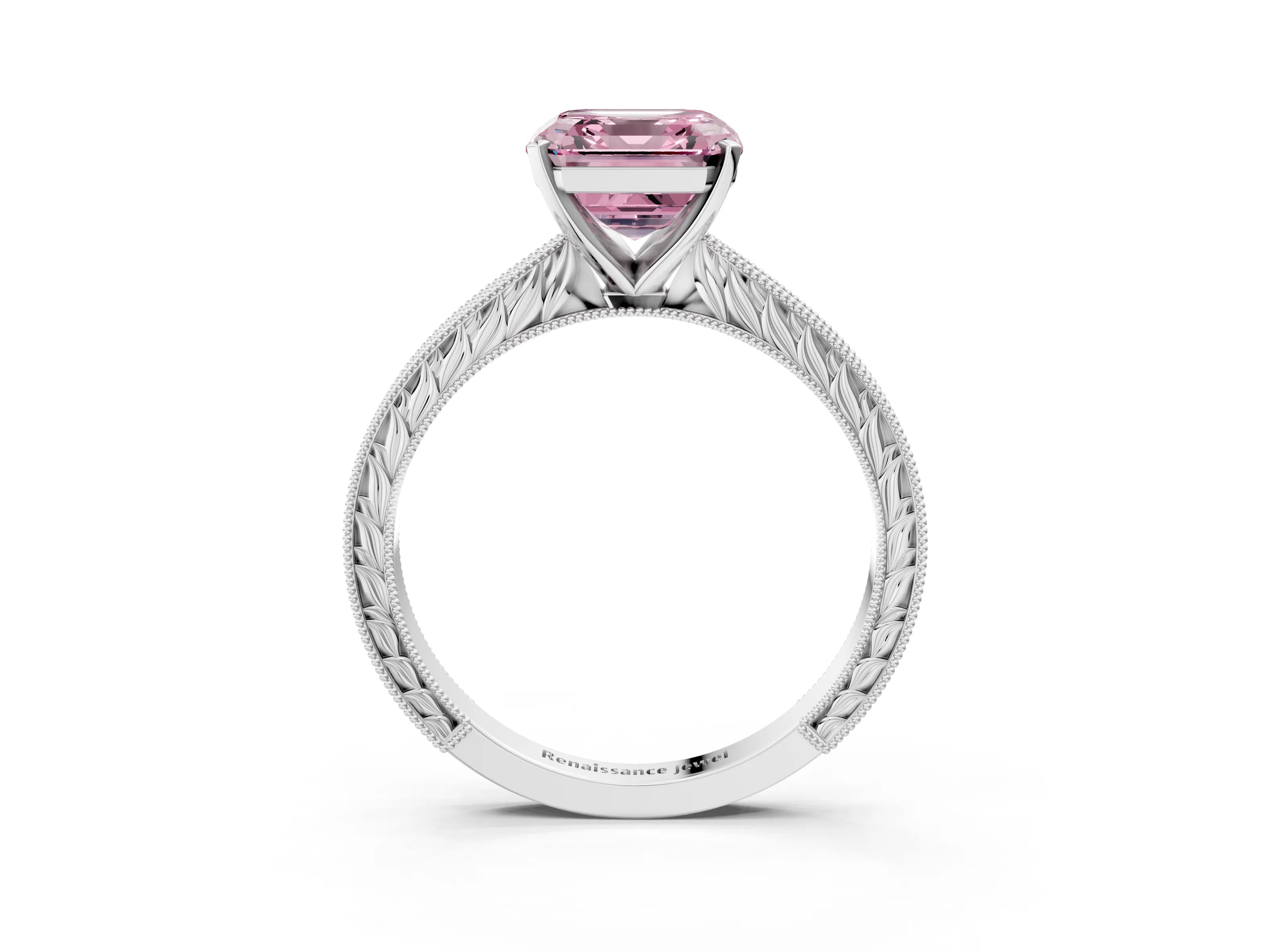 White gold Fancy Pink Asscher Cut Solitaire Milgrain Engraved Band with Four-Prong Setting_15