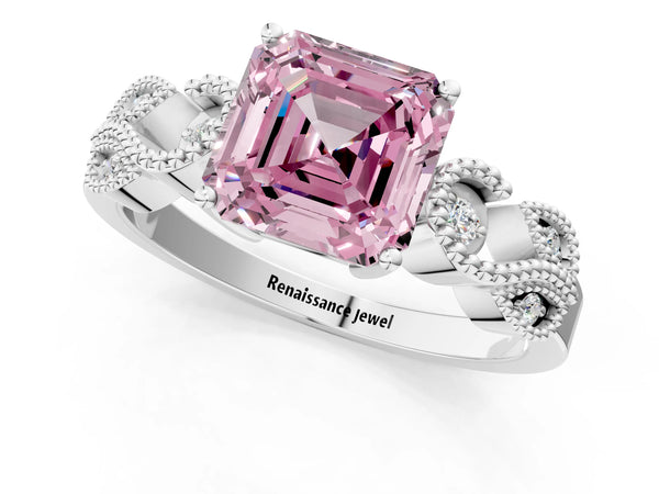 Platinum Asscher Cut Vintage Solitaire Engagement Ring Setting for Fancy Pink Center
