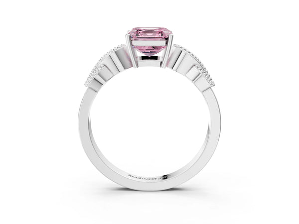 White Gold Asscher Cut Vintage Solitaire Engagement Ring Setting for Fancy Pink Center