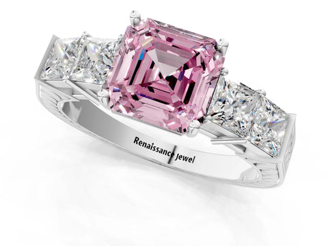White gold Fancy Pink Asscher Cut Solitaire Princess Side Stone Engraved Band Prong Setting Ring_1