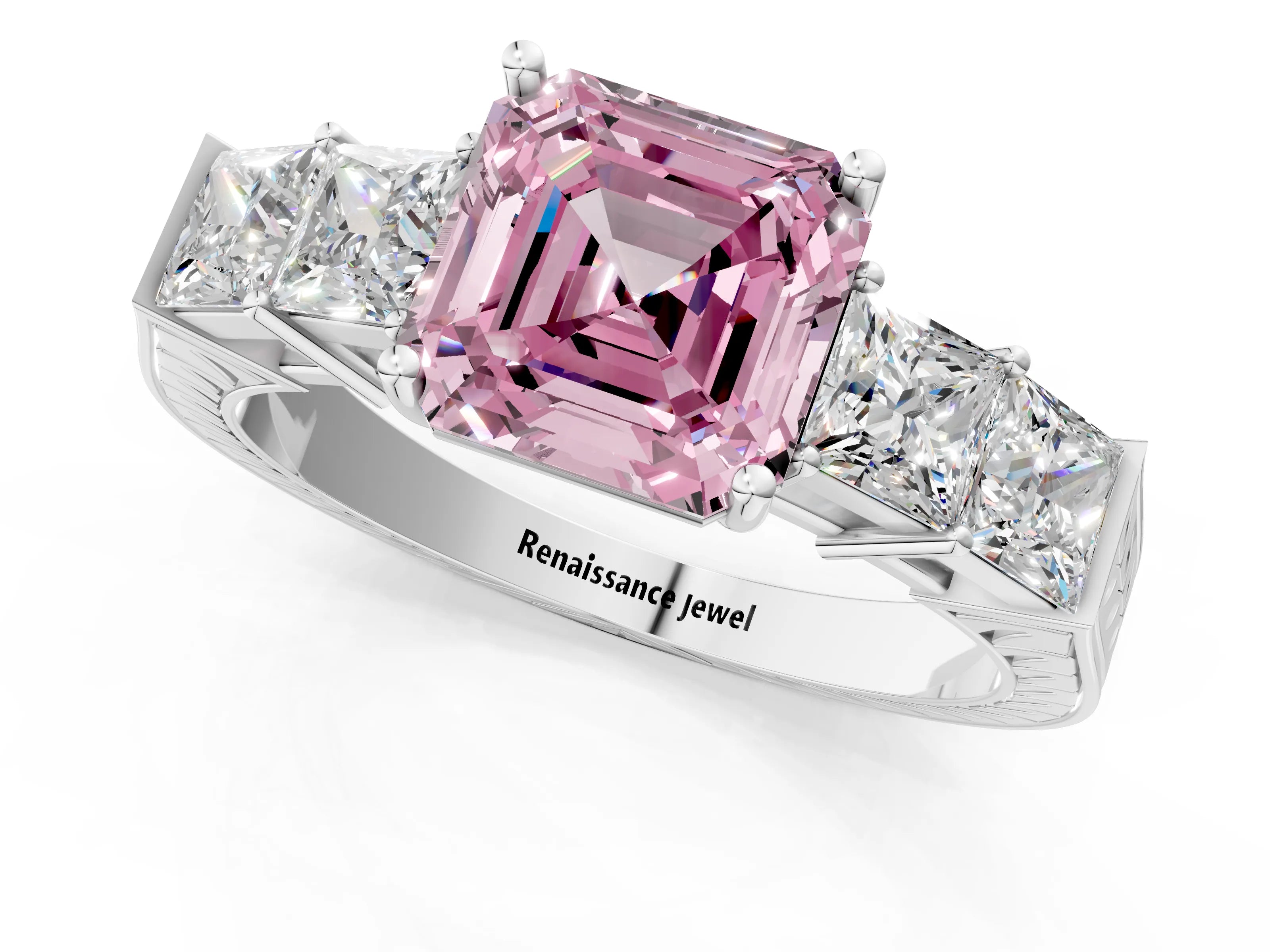 White gold Fancy Pink Asscher Cut Solitaire Princess Side Stone Engraved Band Prong Setting Ring_25