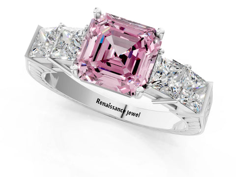 White gold Fancy Pink Asscher Cut Solitaire Princess Side Stone Engraved Band Prong Setting Ring_25