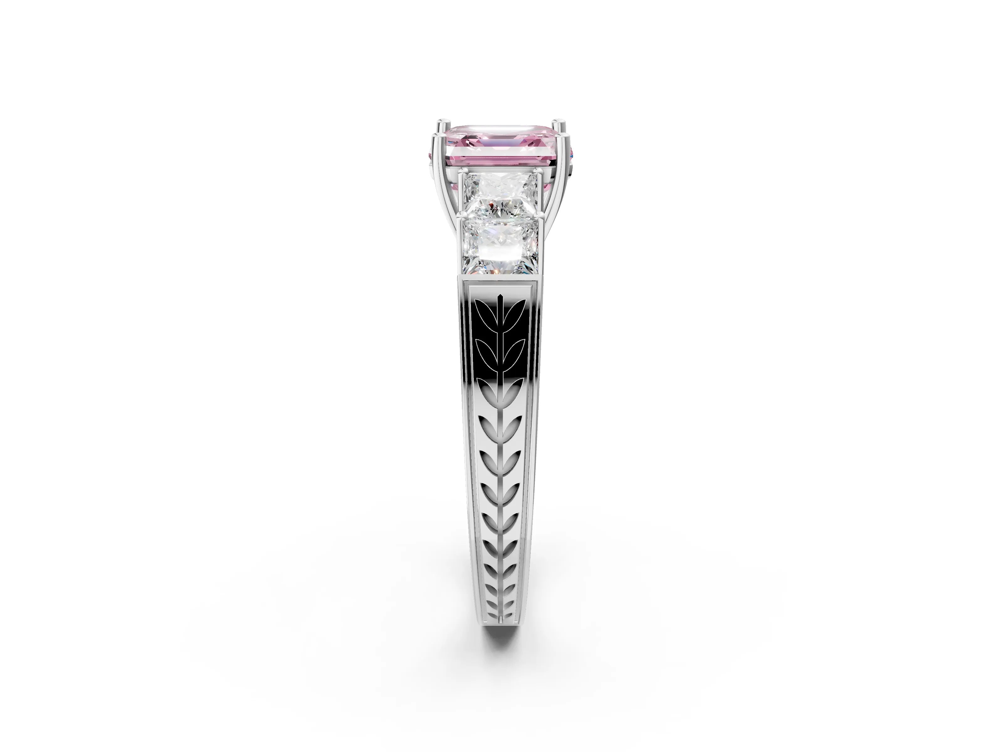 White gold Fancy Pink Asscher Cut Solitaire Princess Side Stone Engraved Band Prong Setting Ring_26