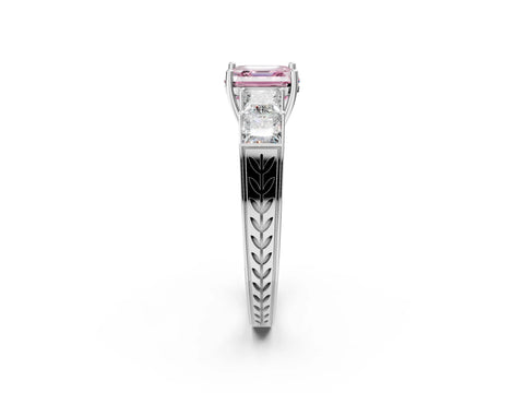 White gold Fancy Pink Asscher Cut Solitaire Princess Side Stone Engraved Band Prong Setting Ring_26