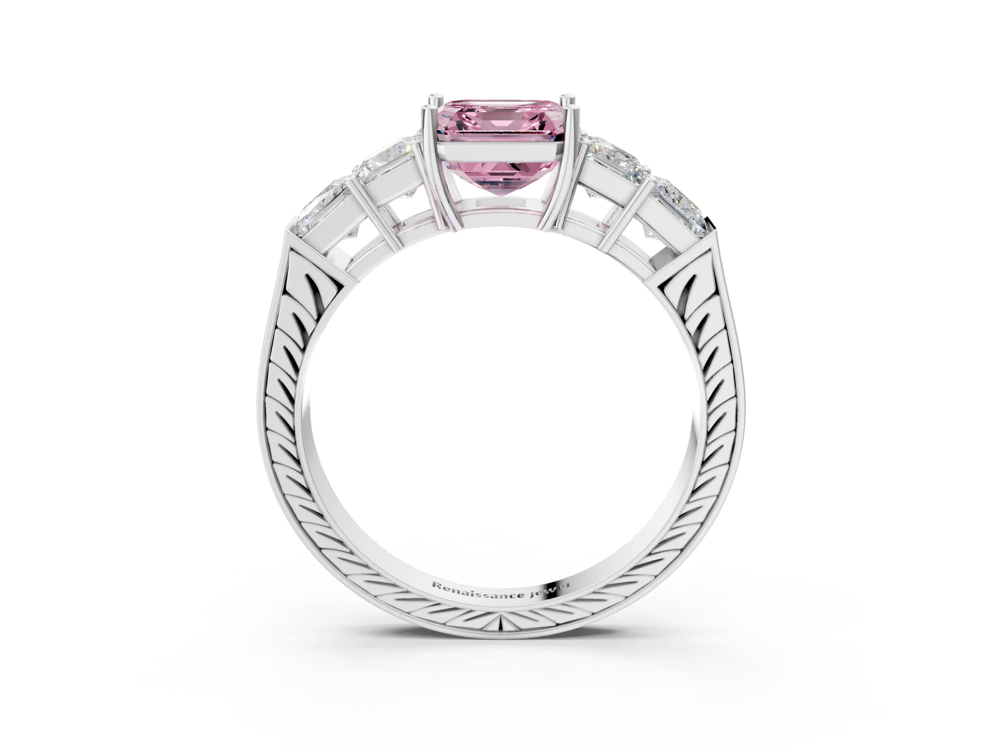 White gold Fancy Pink Asscher Cut Solitaire Princess Side Stone Engraved Band Prong Setting Ring_27
