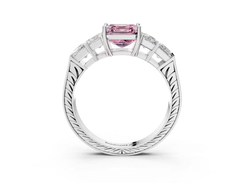 White gold Fancy Pink Asscher Cut Solitaire Princess Side Stone Engraved Band Prong Setting Ring_27