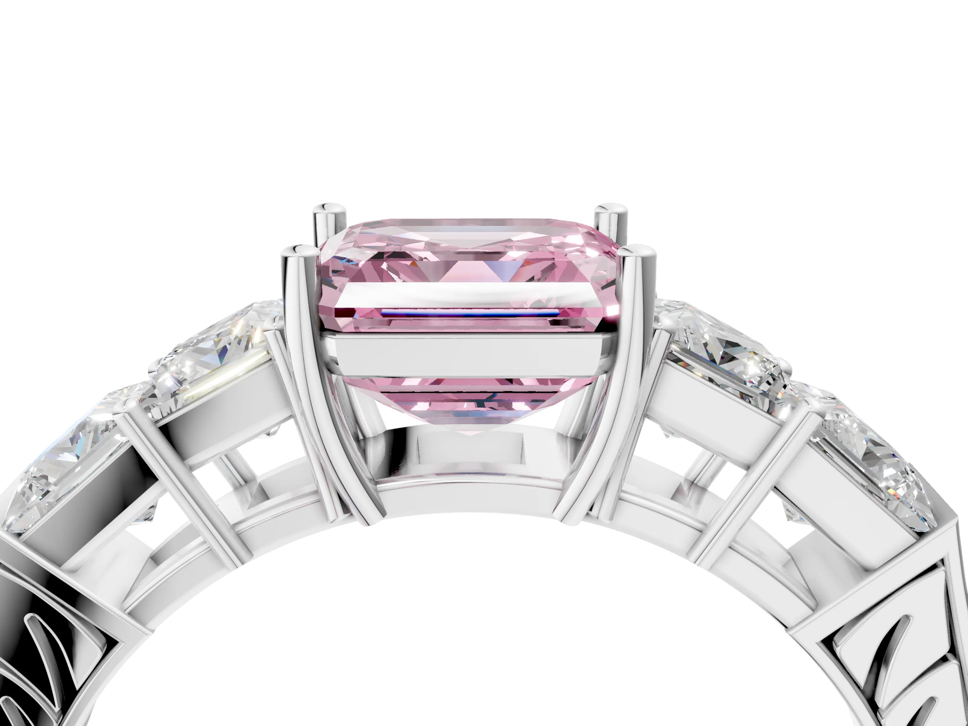 White gold Fancy Pink Asscher Cut Solitaire Princess Side Stone Engraved Band Prong Setting Ring_28