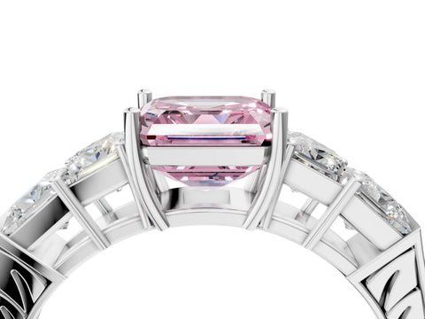 White gold Fancy Pink Asscher Cut Solitaire Princess Side Stone Engraved Band Prong Setting Ring_28