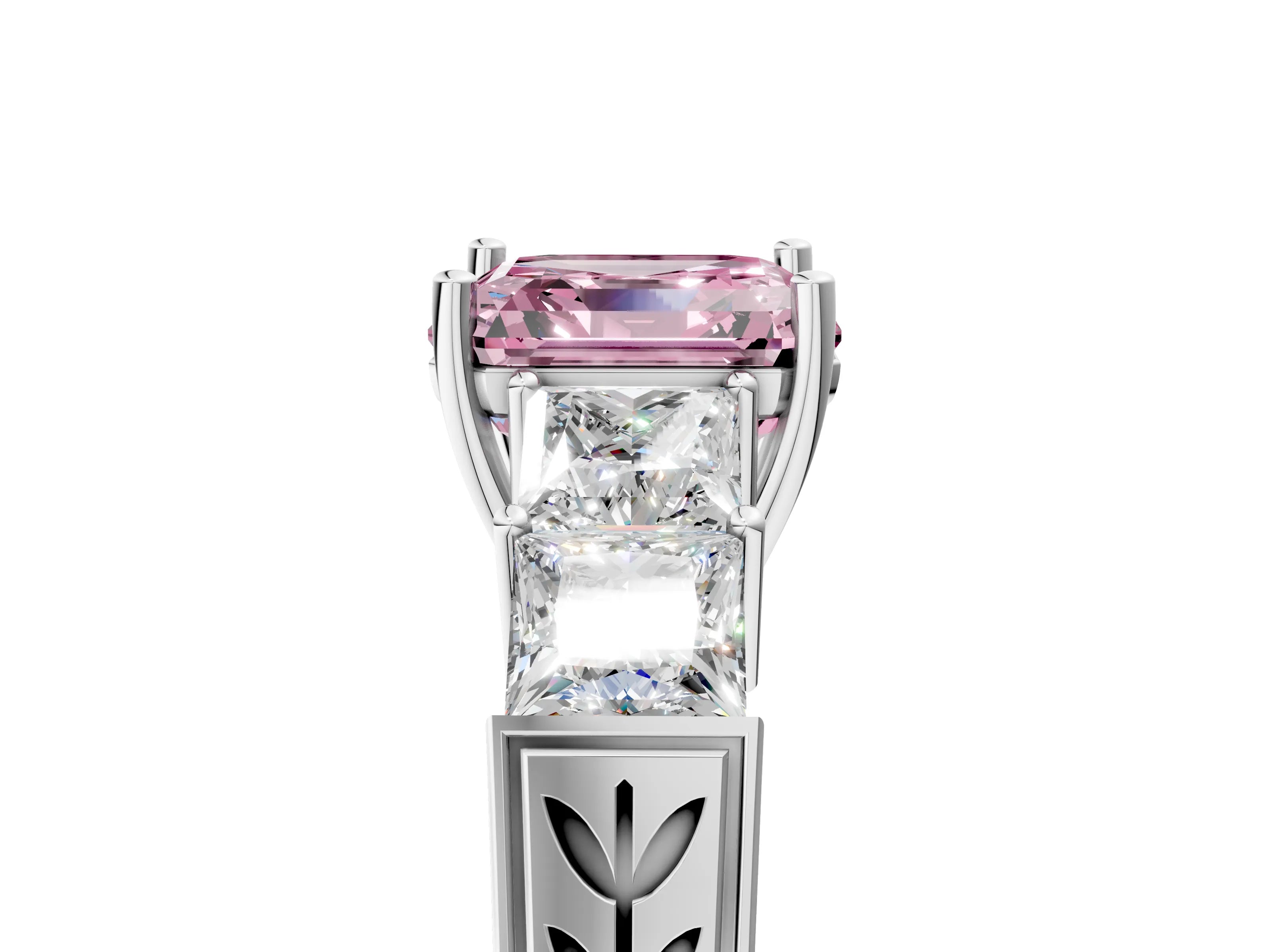 White gold Fancy Pink Asscher Cut Solitaire Princess Side Stone Engraved Band Prong Setting Ring_29