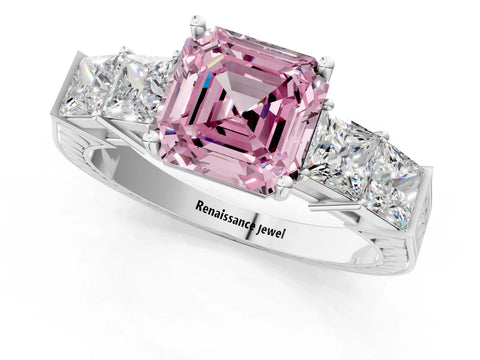 White gold Fancy Pink Asscher Cut Solitaire Princess Side Stone Engraved Band Prong Setting Ring_31
