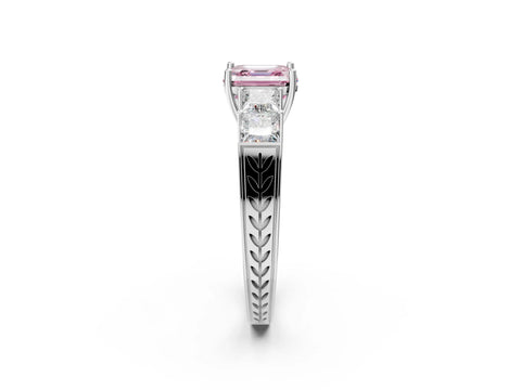 White gold Fancy Pink Asscher Cut Solitaire Princess Side Stone Engraved Band Prong Setting Ring_32
