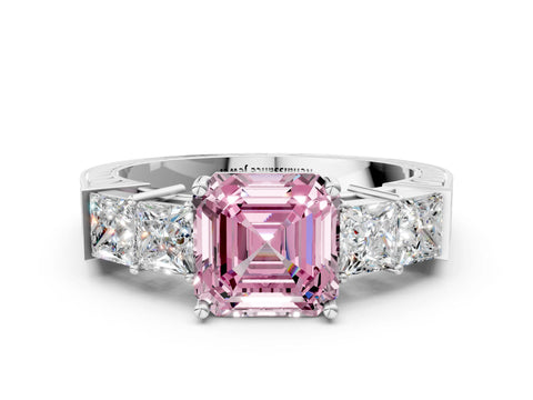 White gold Fancy Pink Asscher Cut Solitaire Princess Side Stone Engraved Band Prong Setting Ring_33