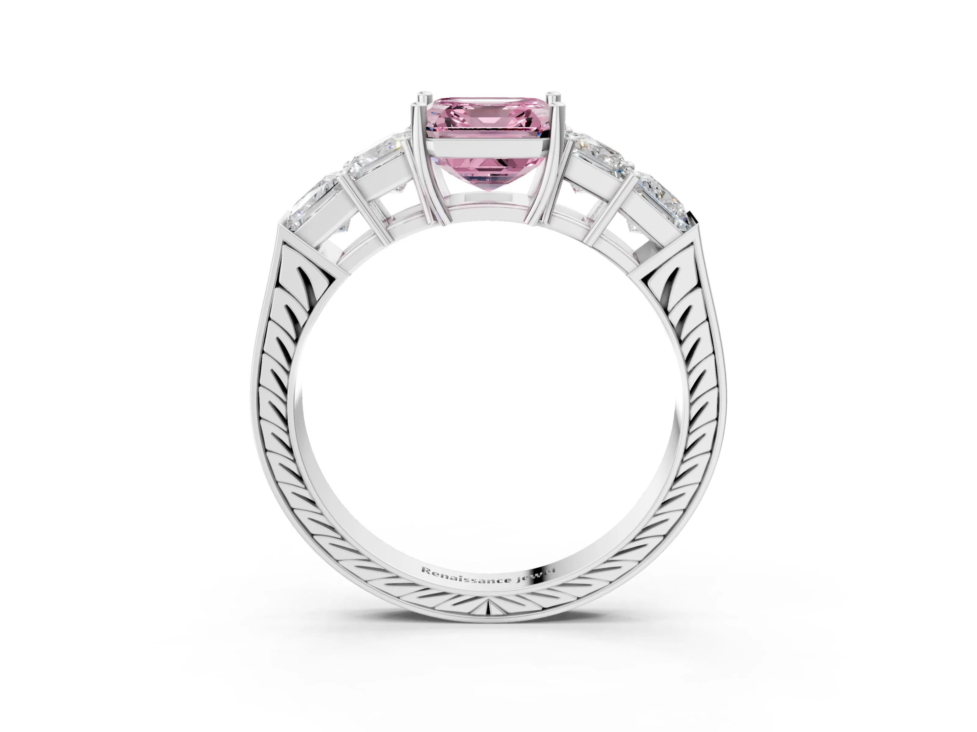 White gold Fancy Pink Asscher Cut Solitaire Princess Side Stone Engraved Band Prong Setting Ring_36
