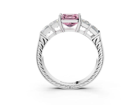 White gold Fancy Pink Asscher Cut Solitaire Princess Side Stone Engraved Band Prong Setting Ring_36