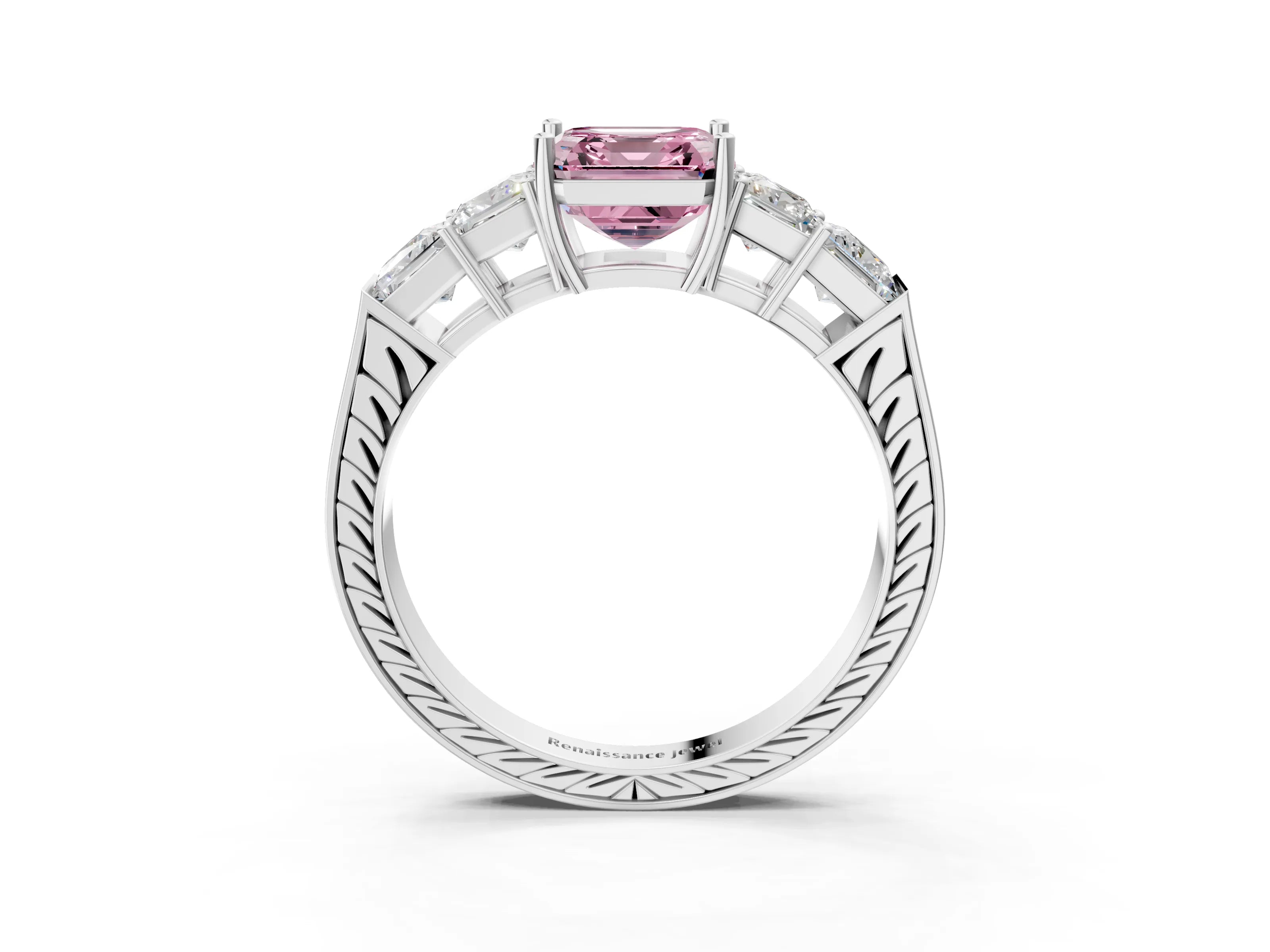 White gold Fancy Pink Asscher Cut Solitaire Princess Side Stone Engraved Band Prong Setting Ring_3