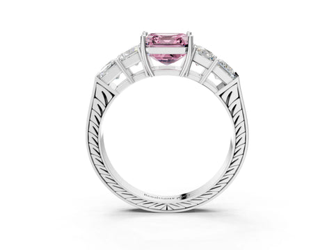 White gold Fancy Pink Asscher Cut Solitaire Princess Side Stone Engraved Band Prong Setting Ring_3