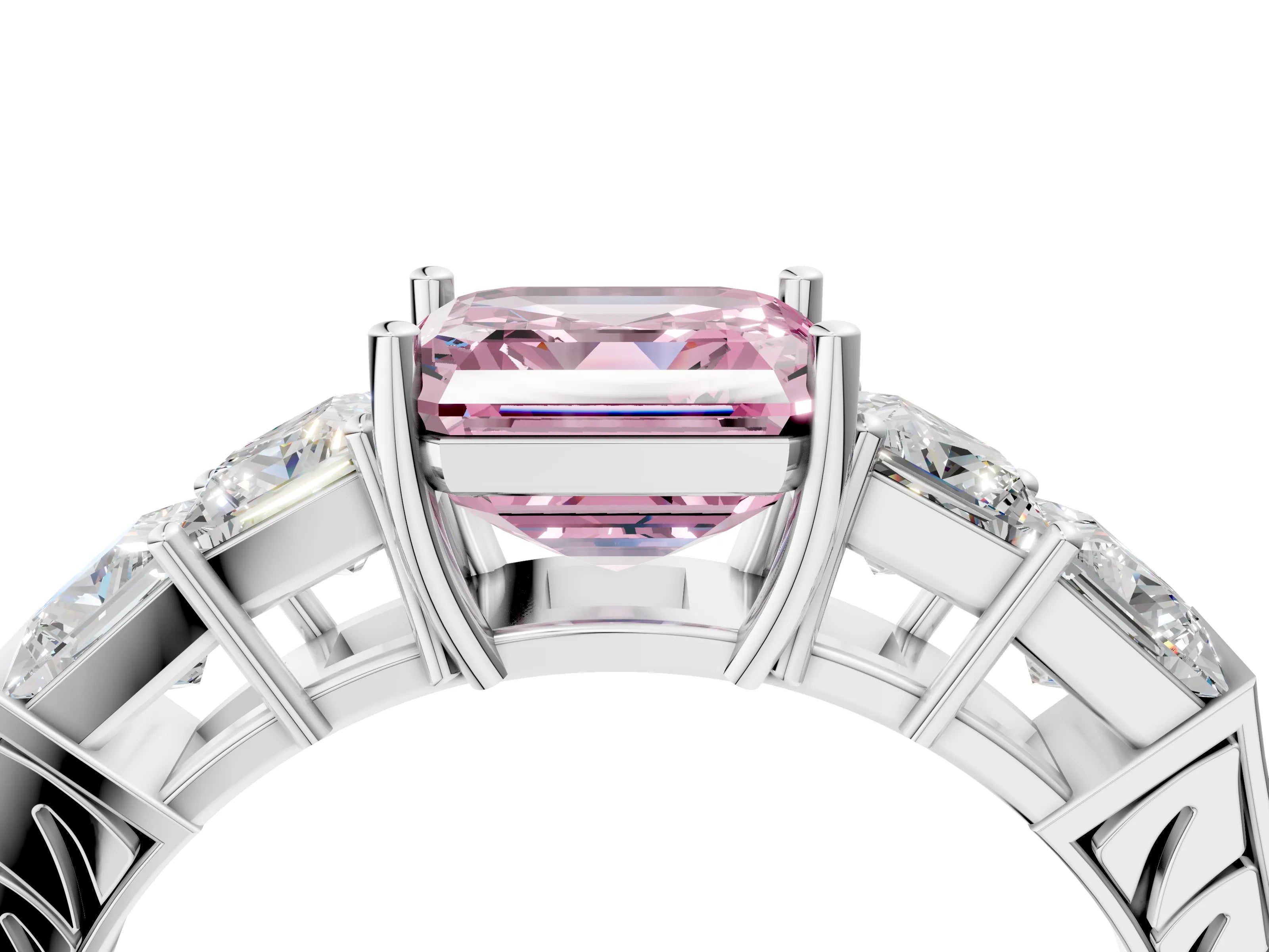 White gold Fancy Pink Asscher Cut Solitaire Princess Side Stone Engraved Band Prong Setting Ring_4