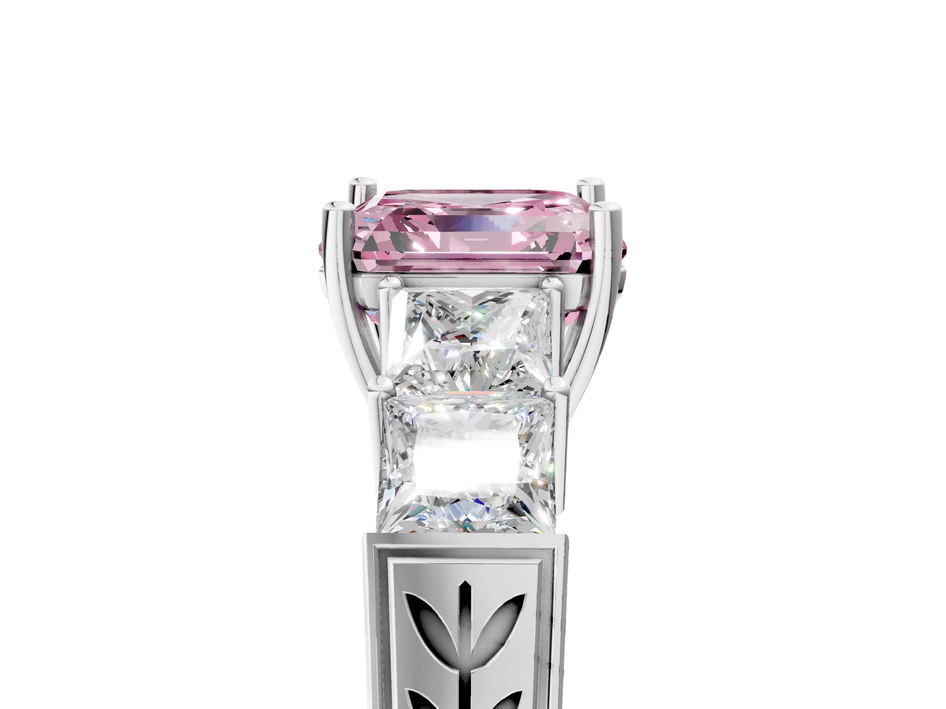 White gold Fancy Pink Asscher Cut Solitaire Princess Side Stone Engraved Band Prong Setting Ring_5