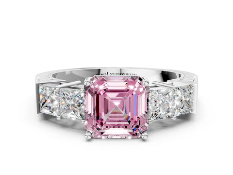 White gold Fancy Pink Asscher Cut Solitaire Princess Side Stone Engraved Band Prong Setting Ring