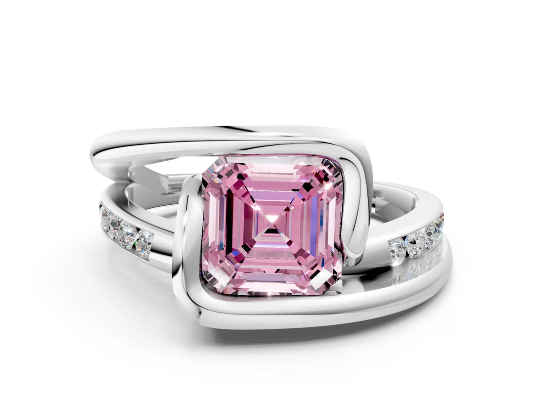 White gold Fancy Pink Asscher Cut Solitaire Tension-Set Diamond Split Shank Ring_12