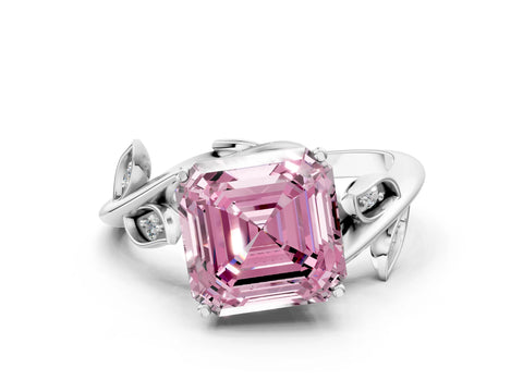 White gold Fancy Pink Asscher Cut Solitaire Twist Engagement Ring with Leaf Accents and Prong Setting_12