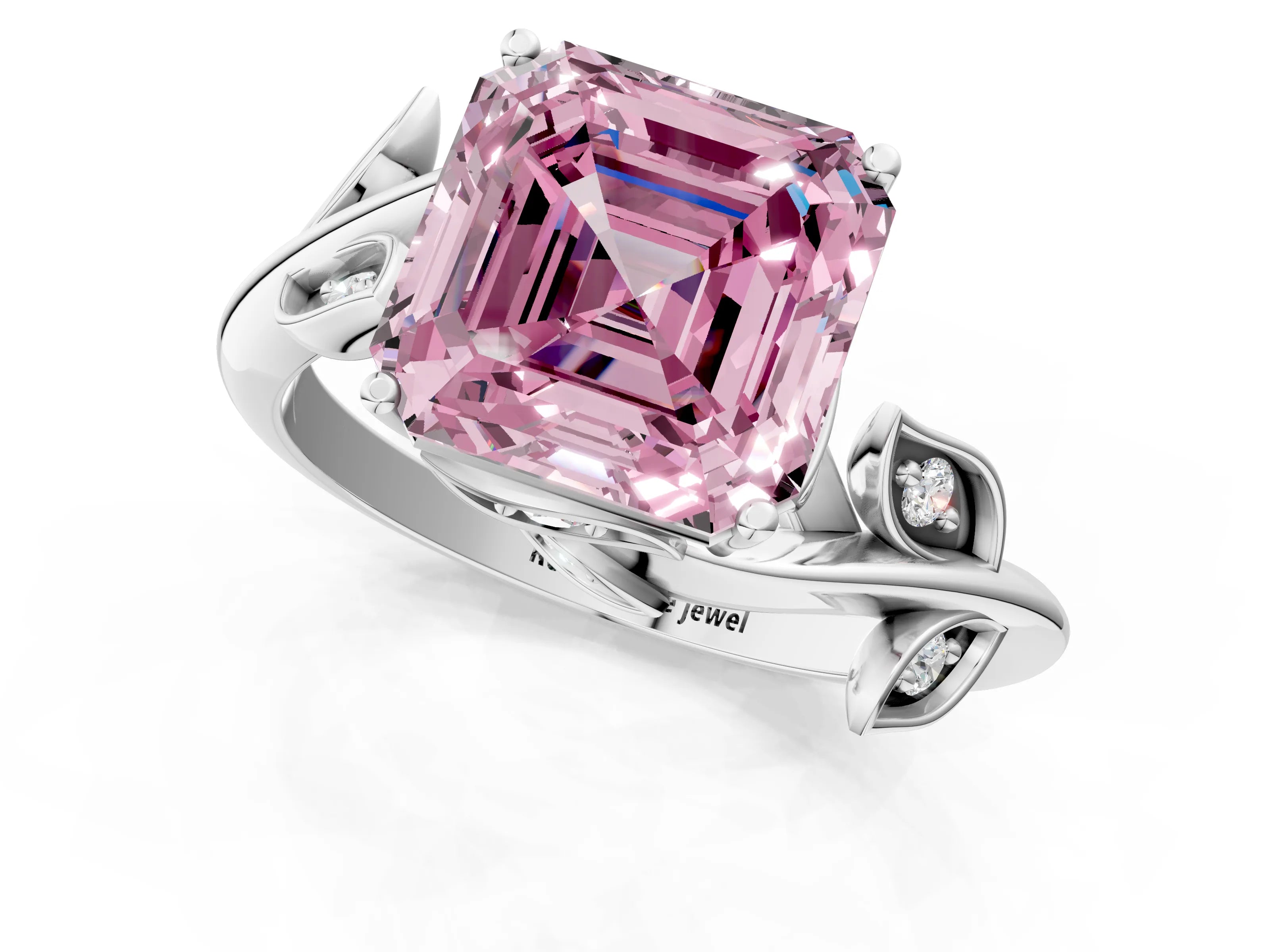 White gold Fancy Pink Asscher Cut Solitaire Twist Engagement Ring with Leaf Accents and Prong Setting_13