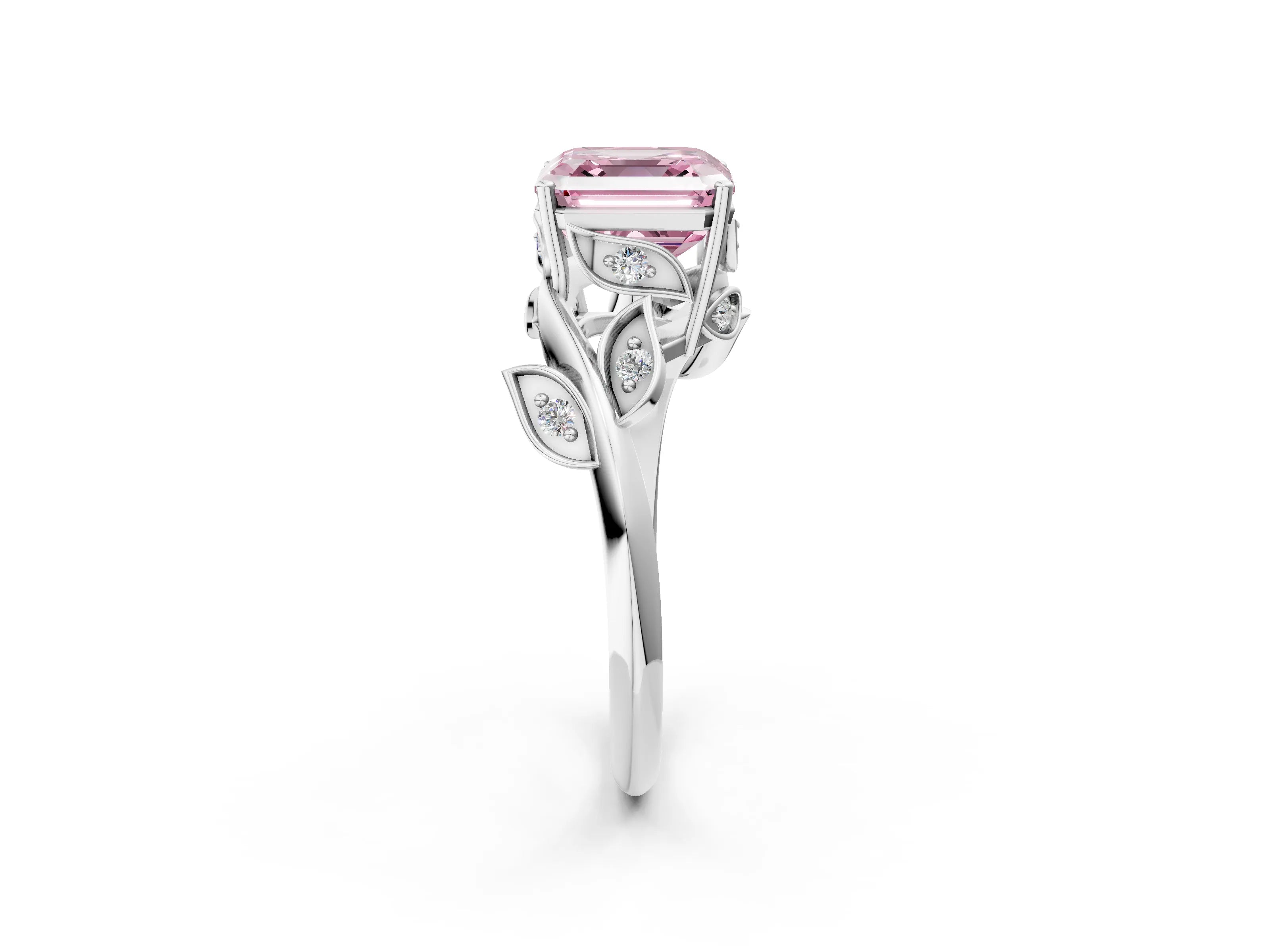 White gold Fancy Pink Asscher Cut Solitaire Twist Engagement Ring with Leaf Accents and Prong Setting_14