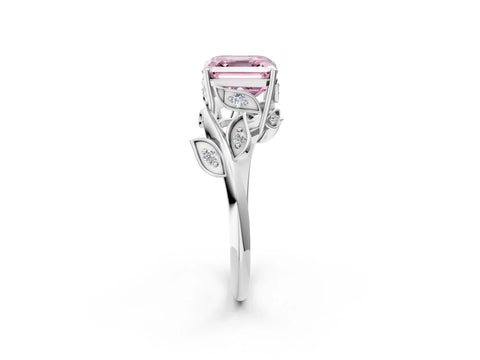 White gold Fancy Pink Asscher Cut Solitaire Twist Engagement Ring with Leaf Accents and Prong Setting_14