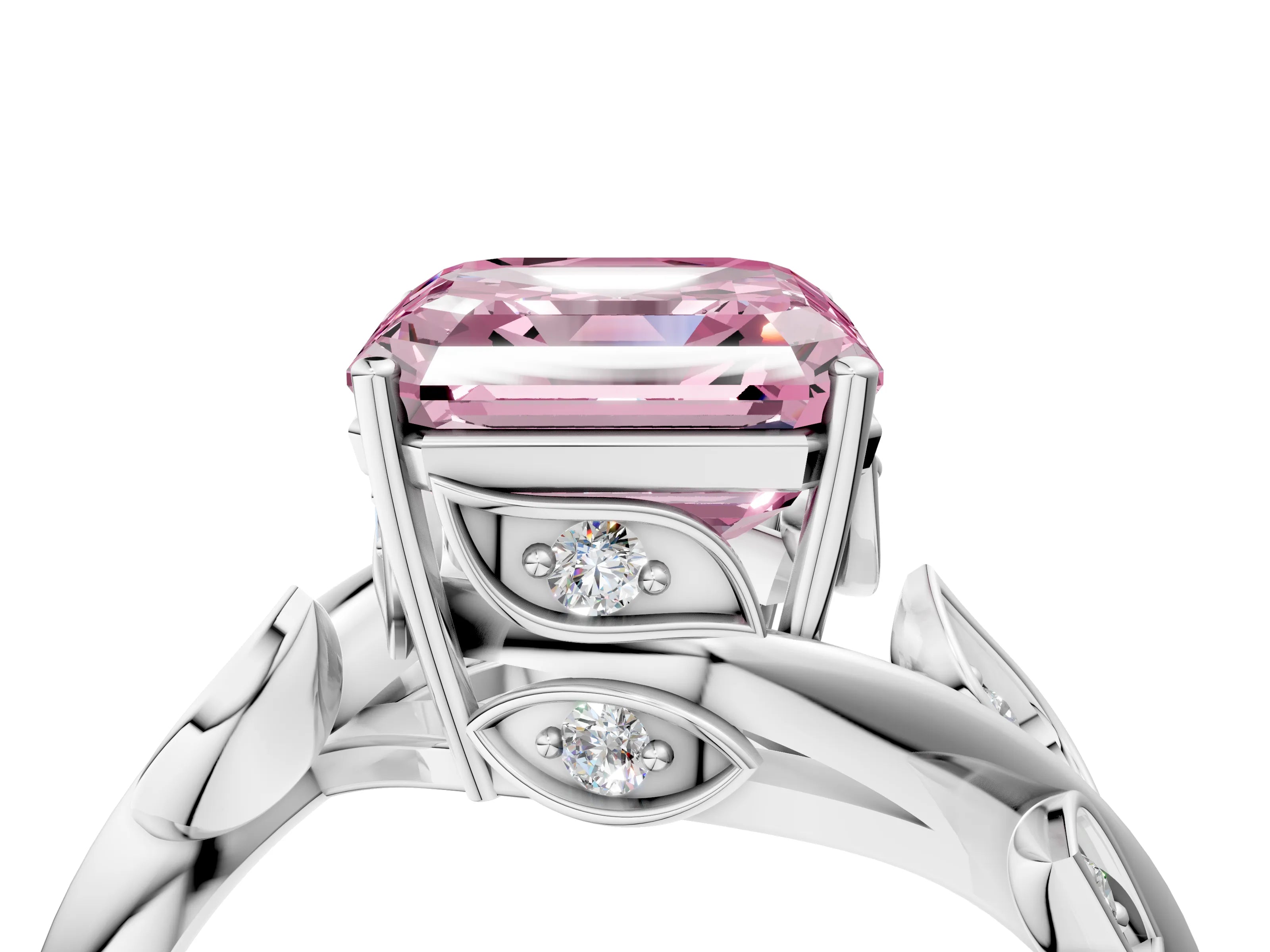White gold Fancy Pink Asscher Cut Solitaire Twist Engagement Ring with Leaf Accents and Prong Setting_16
