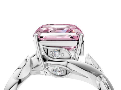 White gold Fancy Pink Asscher Cut Solitaire Twist Engagement Ring with Leaf Accents and Prong Setting_16