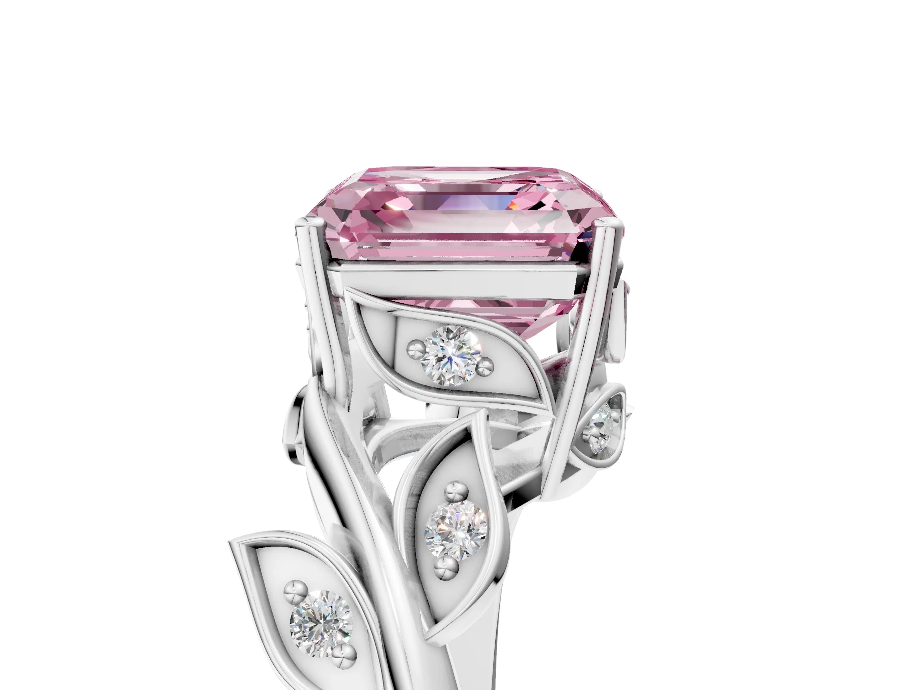 White gold Fancy Pink Asscher Cut Solitaire Twist Engagement Ring with Leaf Accents and Prong Setting_17