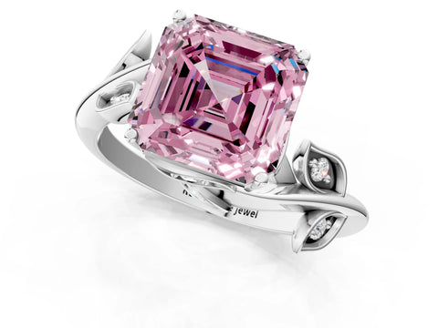 White gold Fancy Pink Asscher Cut Solitaire Twist Engagement Ring with Leaf Accents and Prong Setting_1