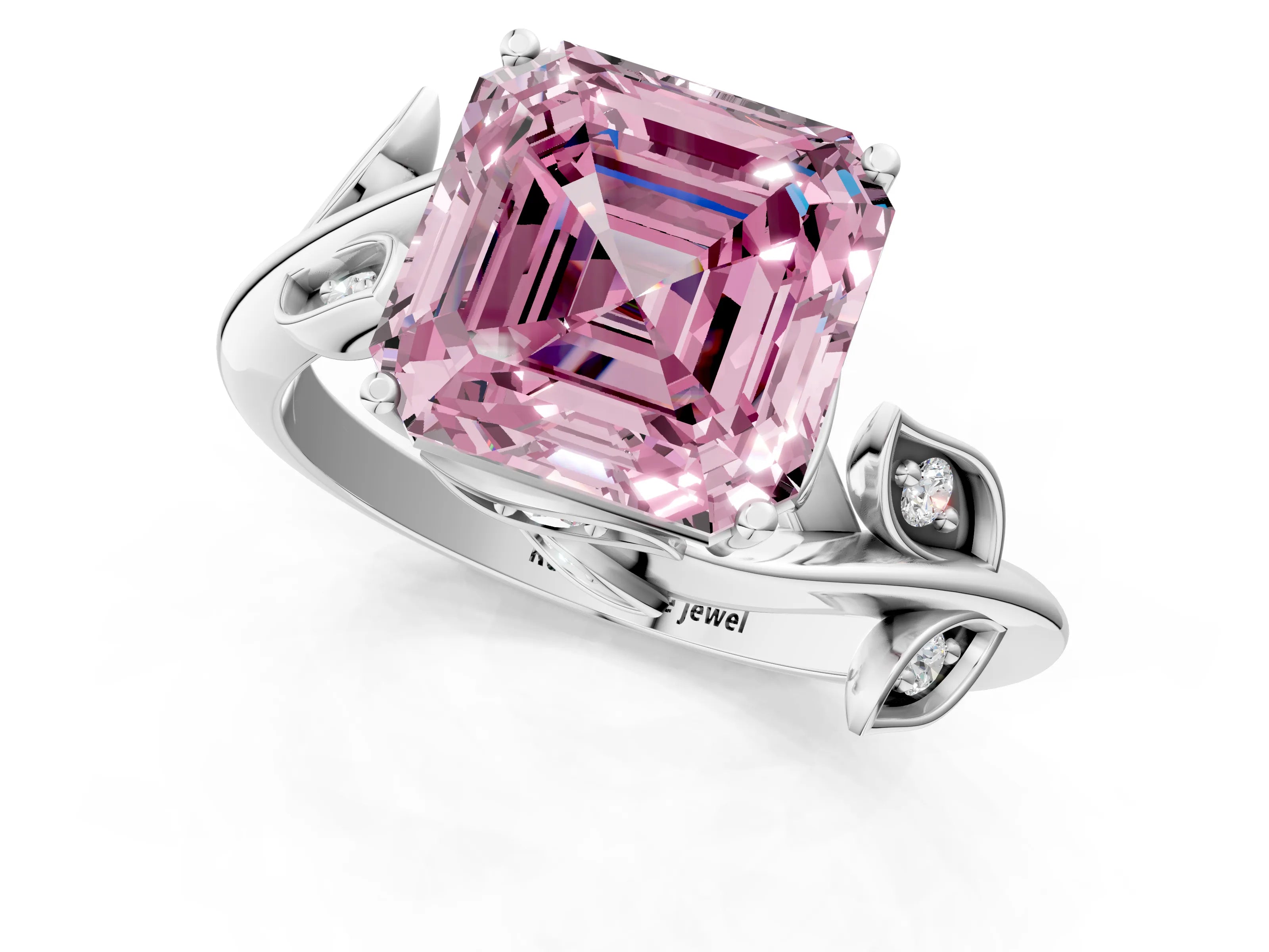 White gold Fancy Pink Asscher Cut Solitaire Twist Engagement Ring with Leaf Accents and Prong Setting_1