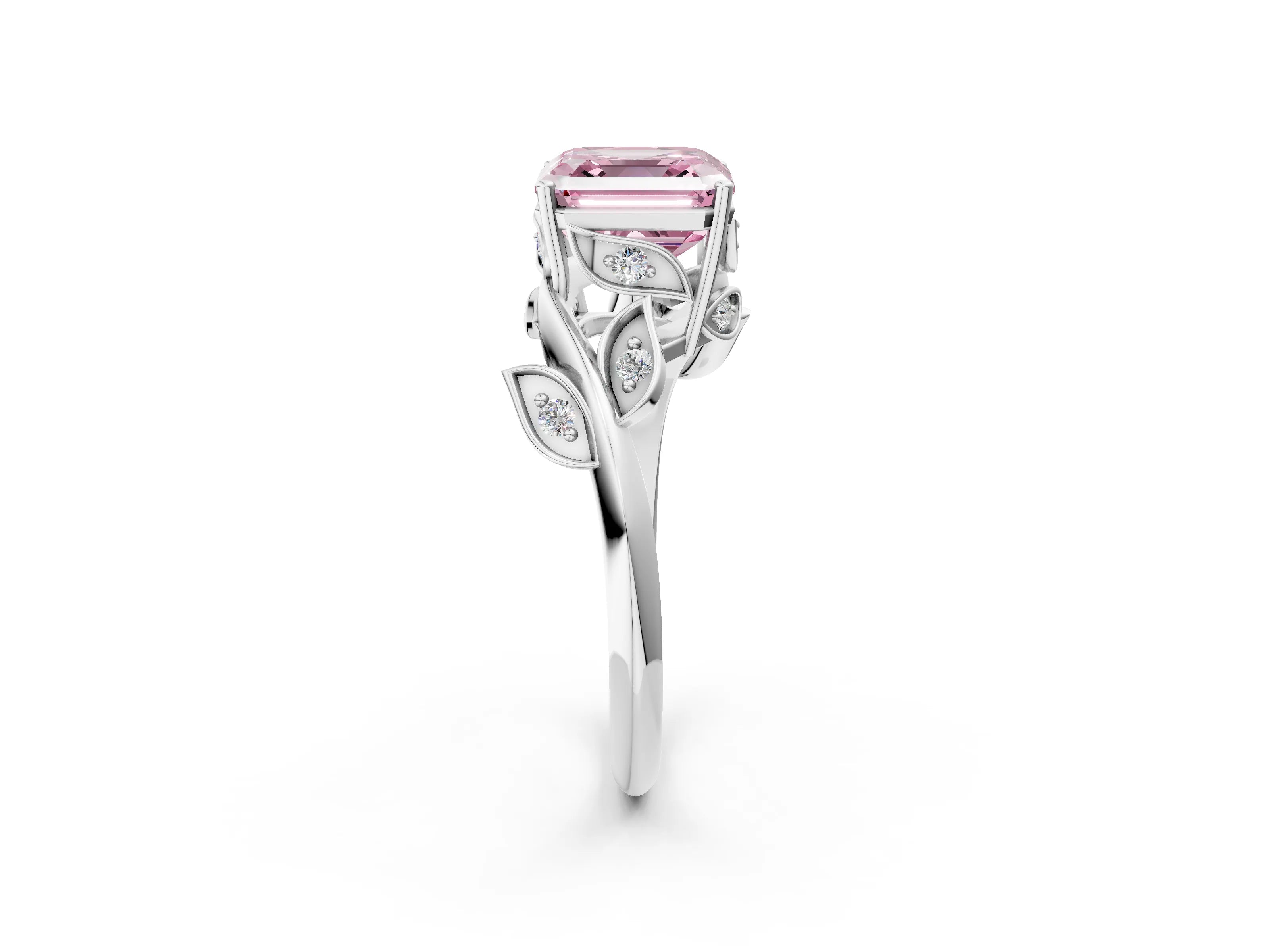 White gold Fancy Pink Asscher Cut Solitaire Twist Engagement Ring with Leaf Accents and Prong Setting_2