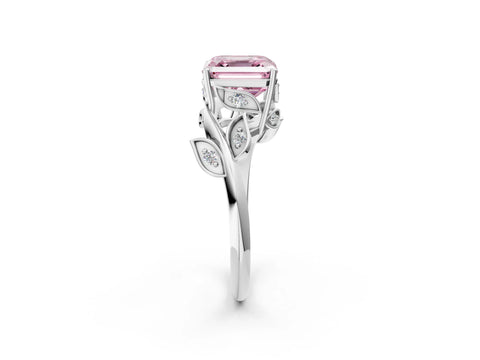 White gold Fancy Pink Asscher Cut Solitaire Twist Engagement Ring with Leaf Accents and Prong Setting_2