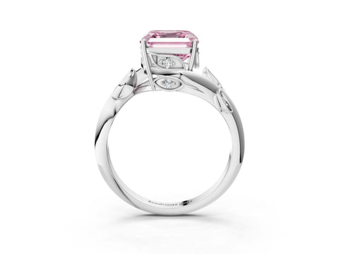 White gold Fancy Pink Asscher Cut Solitaire Twist Engagement Ring with Leaf Accents and Prong Setting_3