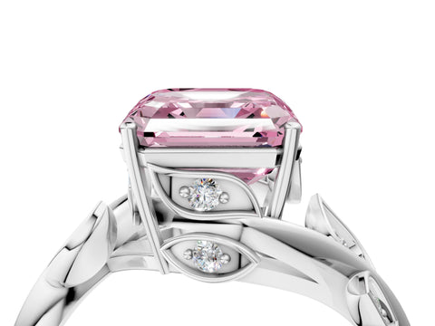 White gold Fancy Pink Asscher Cut Solitaire Twist Engagement Ring with Leaf Accents and Prong Setting_4