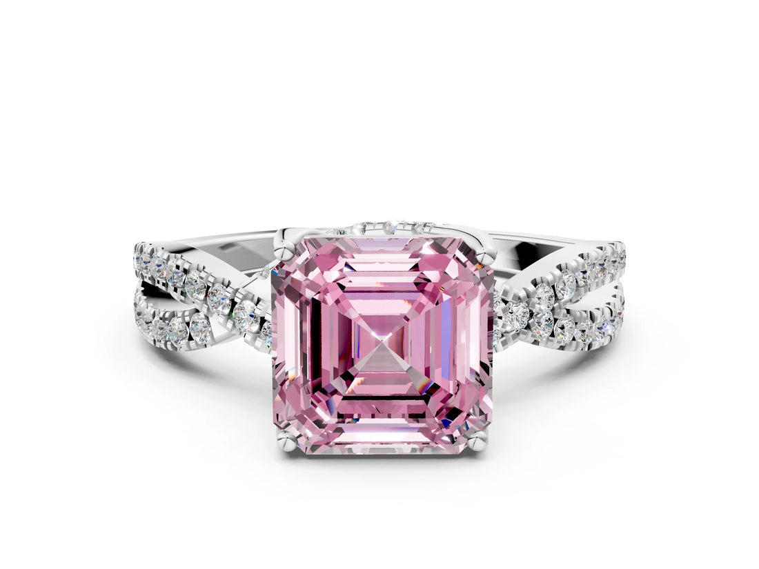 White gold Fancy Pink Asscher Cut Solitaire Twist Pave Diamond Engagement Ring with Prong Setting