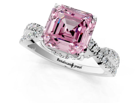 White gold Fancy Pink Asscher Cut Solitaire Twist Pave Diamond Engagement Ring with Prong Setting_1