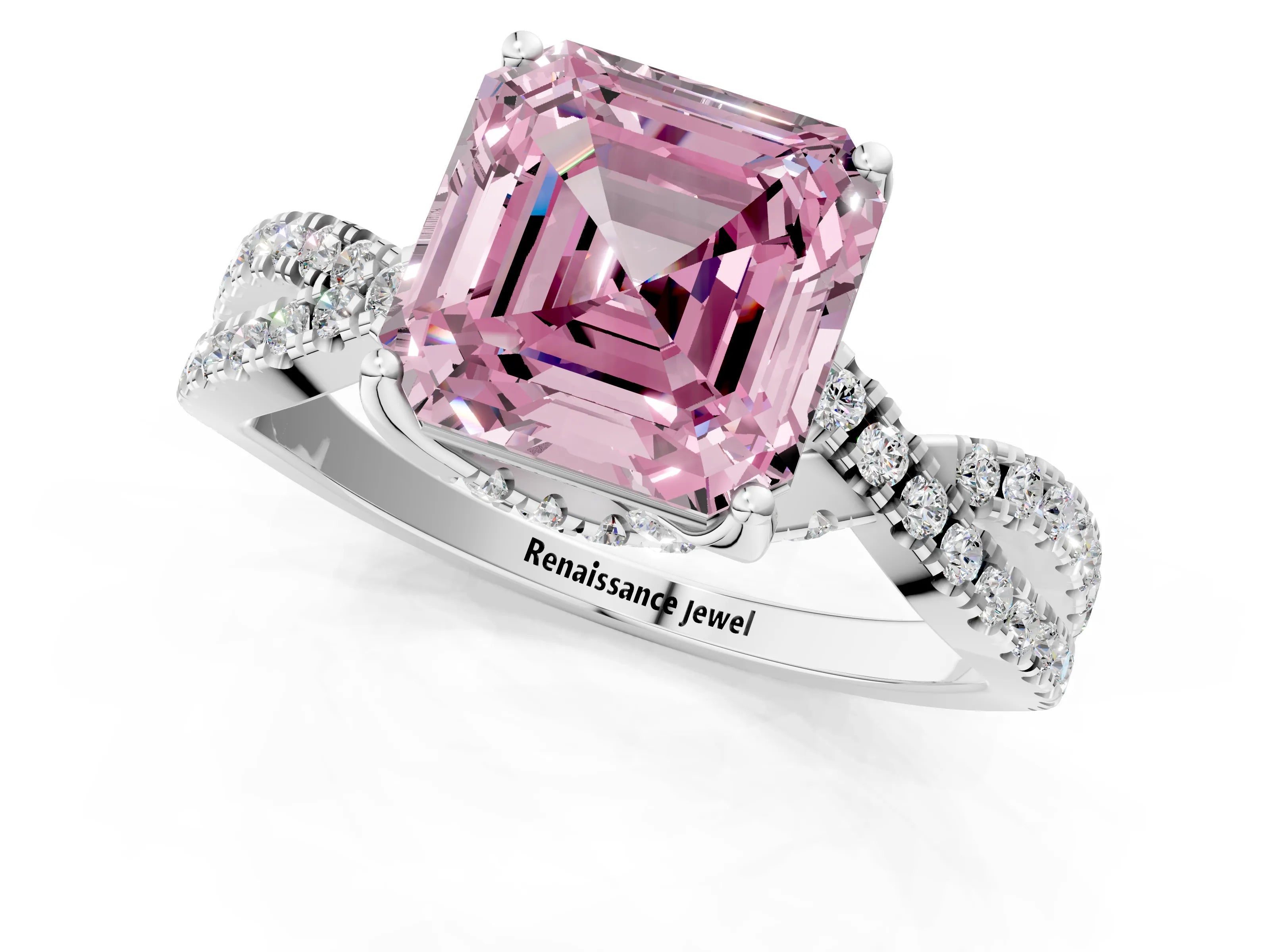White gold Fancy Pink Asscher Cut Solitaire Twist Pave Diamond Engagement Ring with Prong Setting_1
