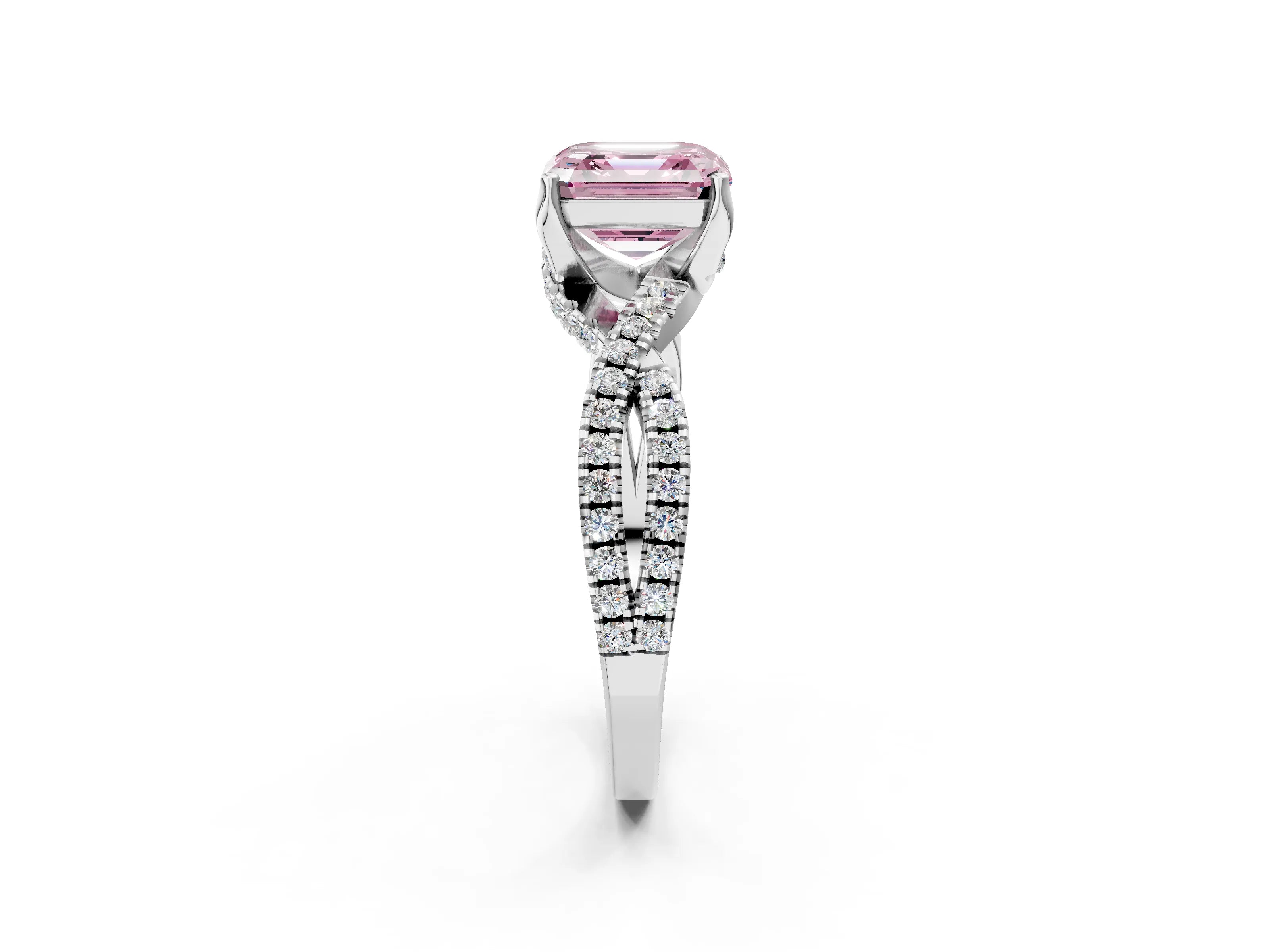 White gold Fancy Pink Asscher Cut Solitaire Twist Pave Diamond Engagement Ring with Prong Setting_2
