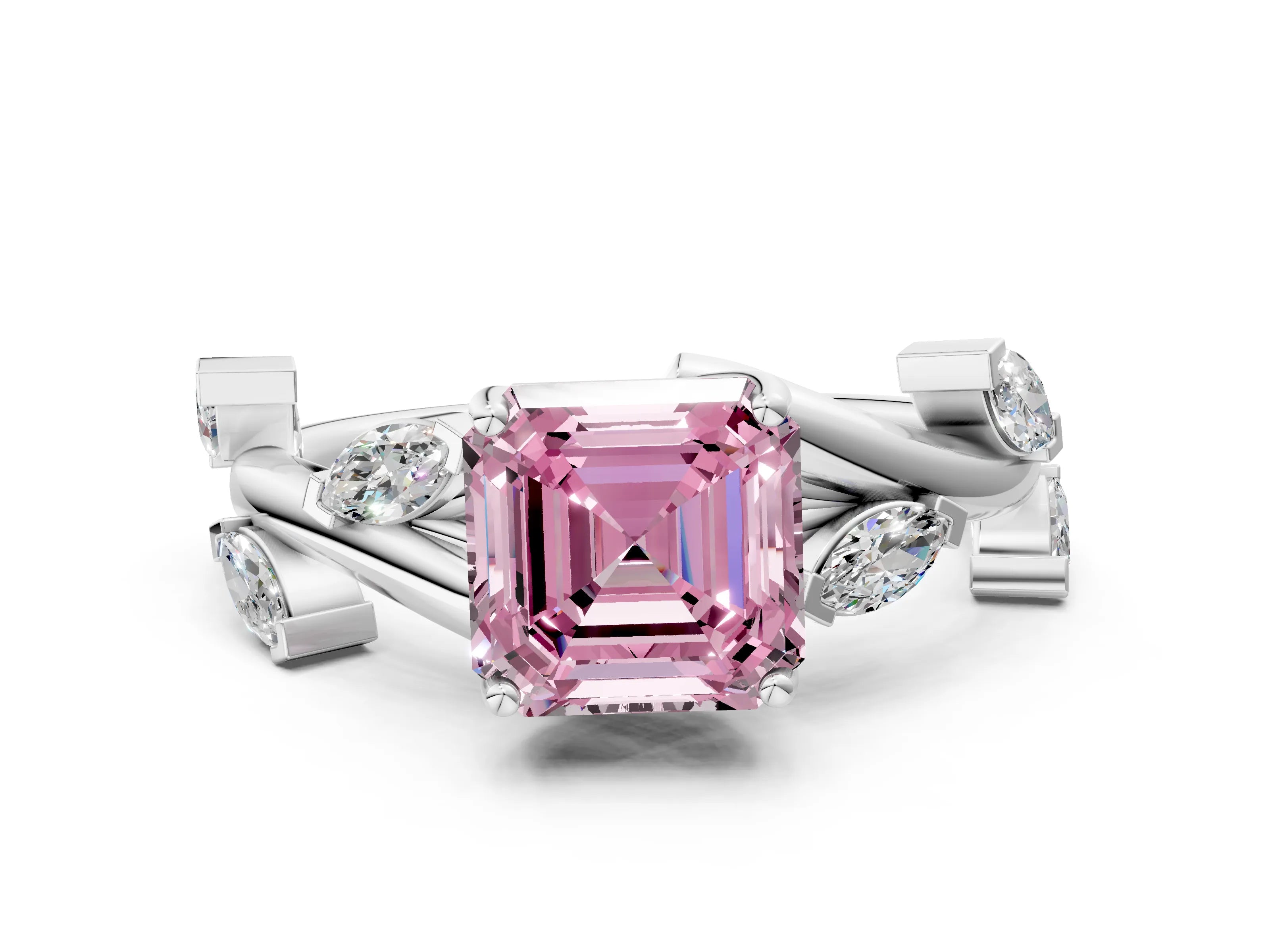 White gold Fancy Pink Asscher Cut Solitaire Twisted Band Marquise Accent Prong Setting Ring