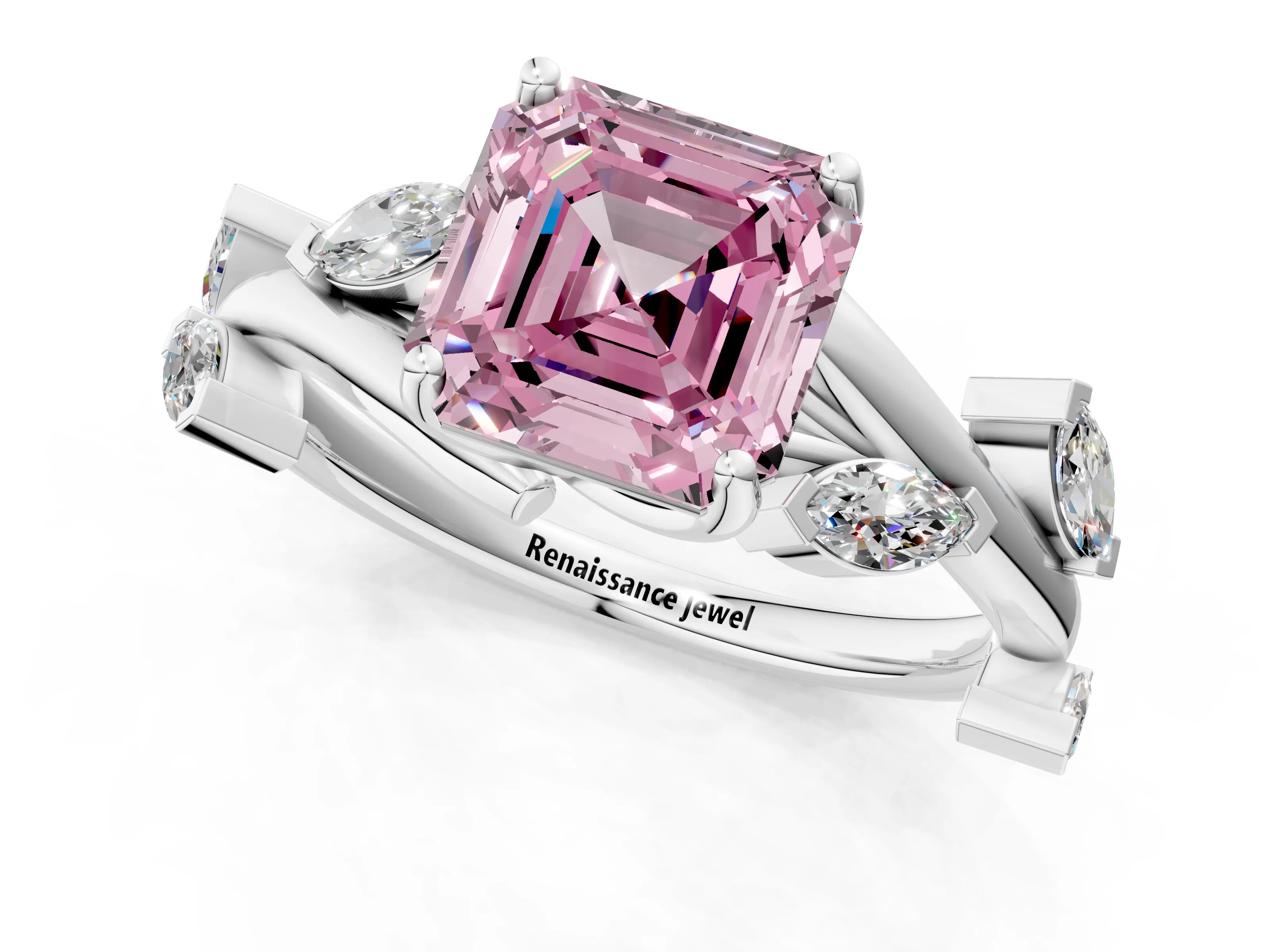 White gold Fancy Pink Asscher Cut Solitaire Twisted Band Marquise Accent Prong Setting Ring_1