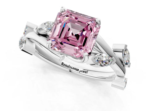 White gold Fancy Pink Asscher Cut Solitaire Twisted Band Marquise Accent Prong Setting Ring_1