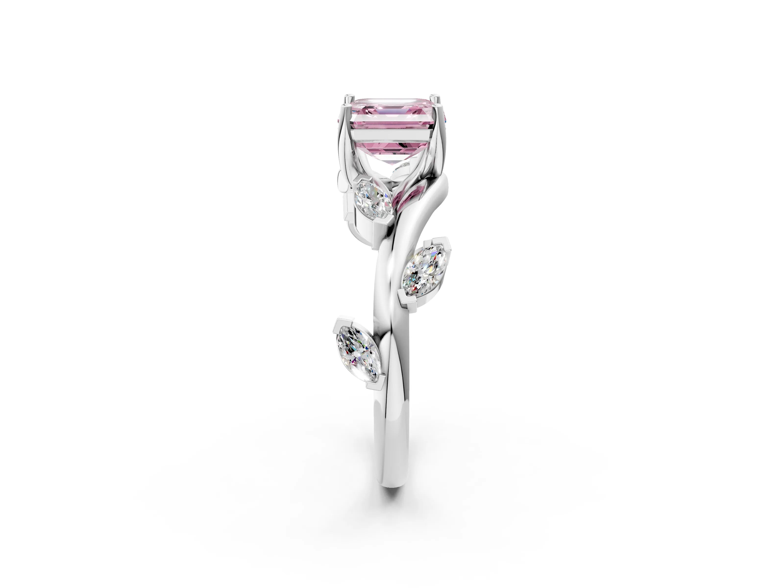 White gold Fancy Pink Asscher Cut Solitaire Twisted Band Marquise Accent Prong Setting Ring_2