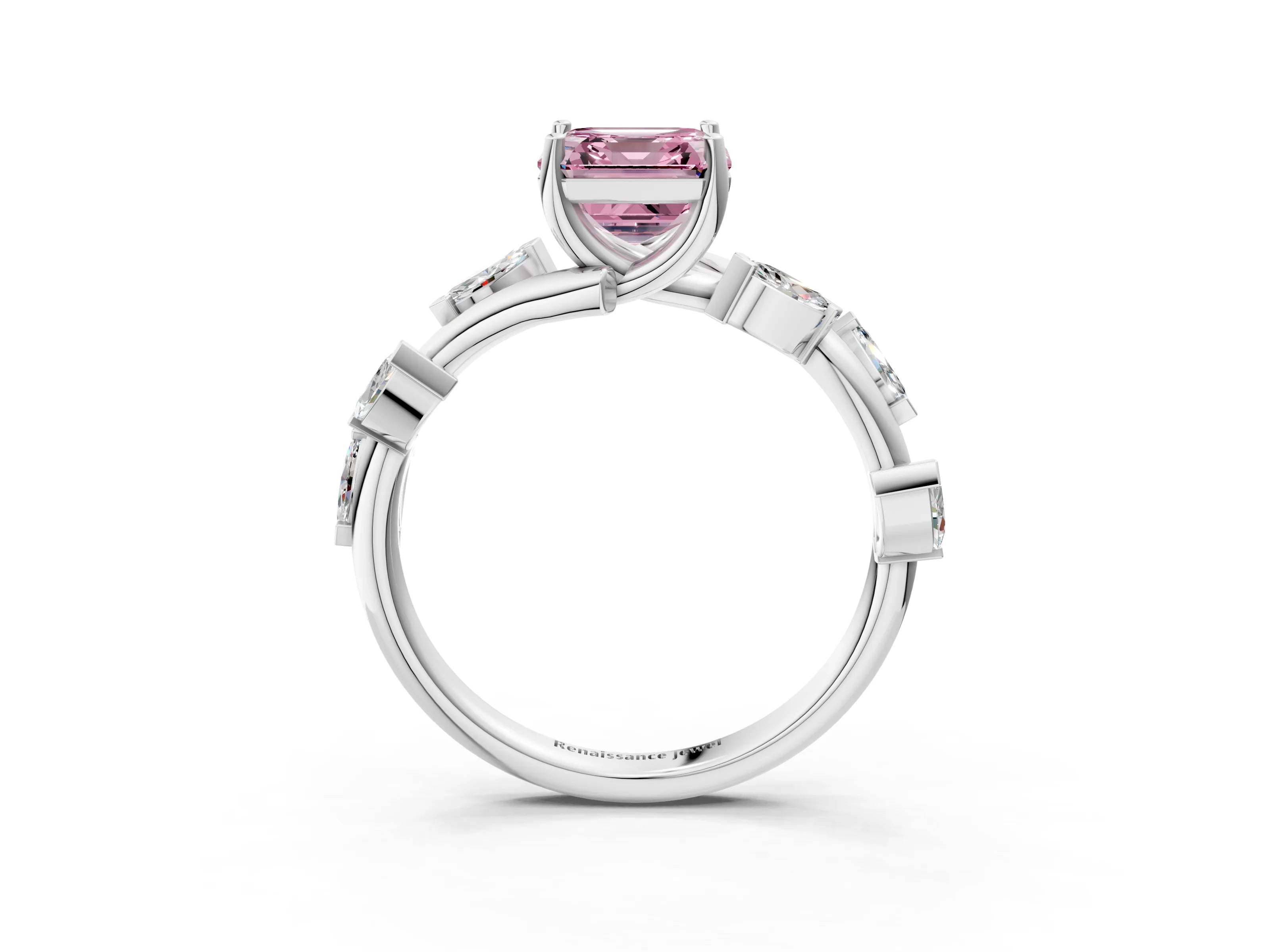 White gold Fancy Pink Asscher Cut Solitaire Twisted Band Marquise Accent Prong Setting Ring_3