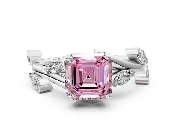 Sterling Silver Asscher Cut Marquise Accent Twisted Engagement Ring Setting for Fancy Pink Center